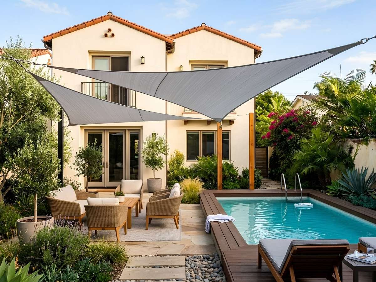 Shade Sail Over Backyard with Pool